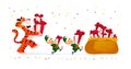 Merry Christmas illustration with tiger and little Santa elves carry xmas presents isolated.